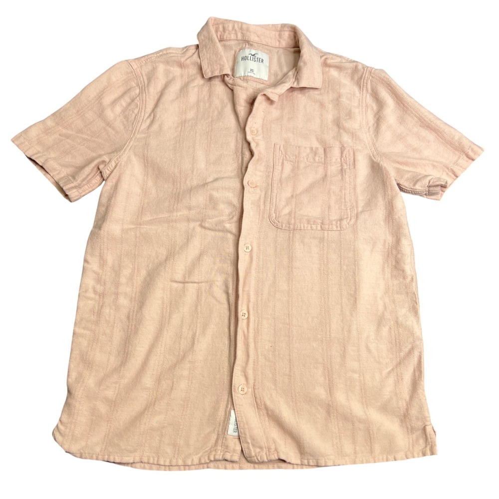 Hollister Mens XS Peach Pink Textured Stripe Linen Blend Short Sleeve Button Up